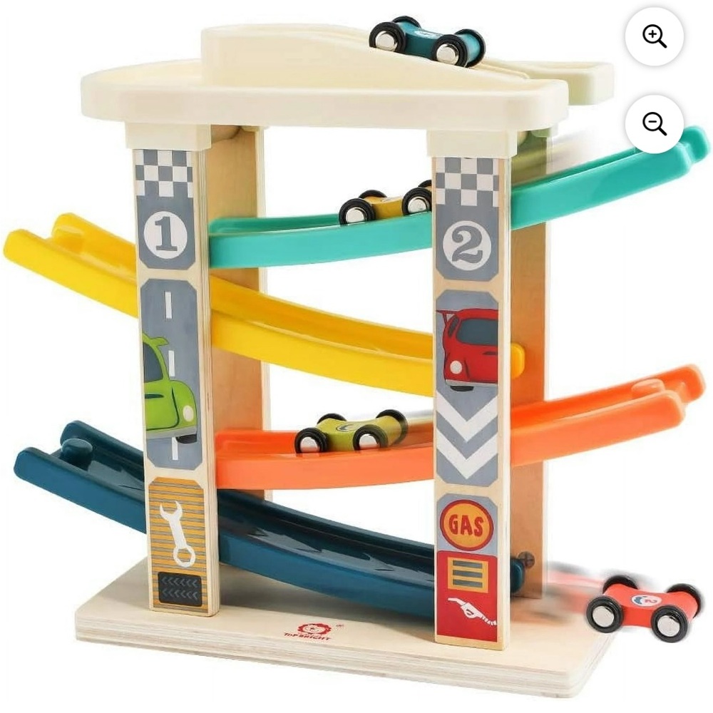Toddler Montessori Style Wooden RaceTrack Car Ramp Toy w/ 4 Mini Cars